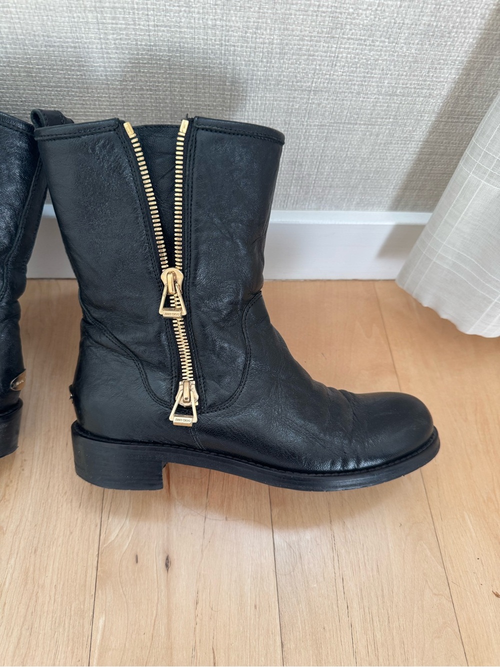 Jimmy Choo Women's Black Leather Mid-Calf Boots with Gold Zipper